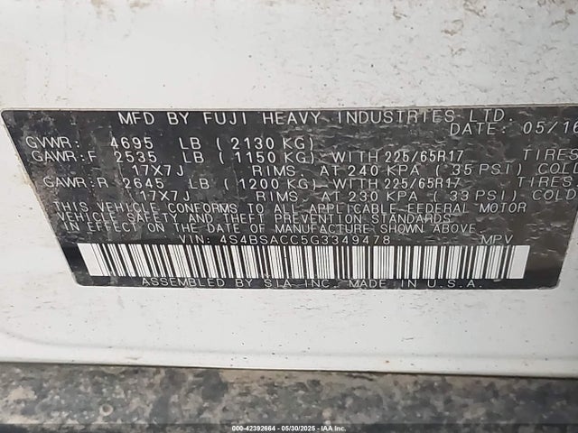 Subaru 2.5l u5 2016 4S4BSACC5G3349478 Image 9