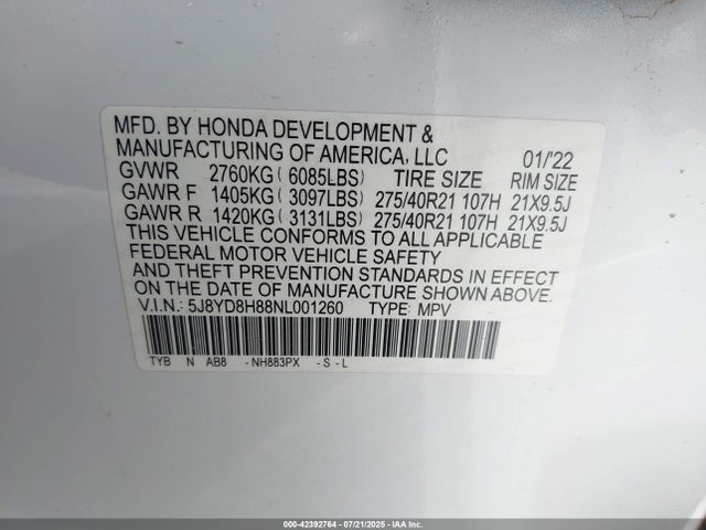 5J8YD8H88NL001260 Acura j30ad
