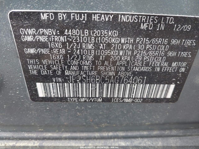 Продаж на аукціоні авто 2010 Subaru Forester 2.5x, vin: JF2SH6BC5AG764061, номер лоту: 42392775