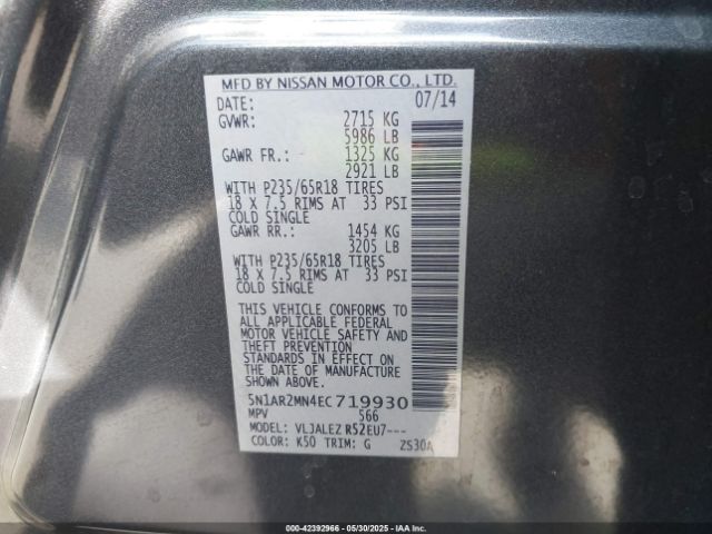 5N1AR2MN4EC719930 Nissan Pathfinder Sv