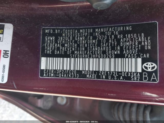 5YFBURHE3HP600269 Toyota 2zr-fe