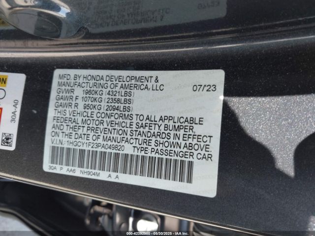 1HGCY1F23PA049820 Honda l15be