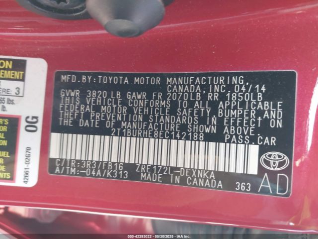 2T1BURHE8EC142188 Toyota 2zr-fe