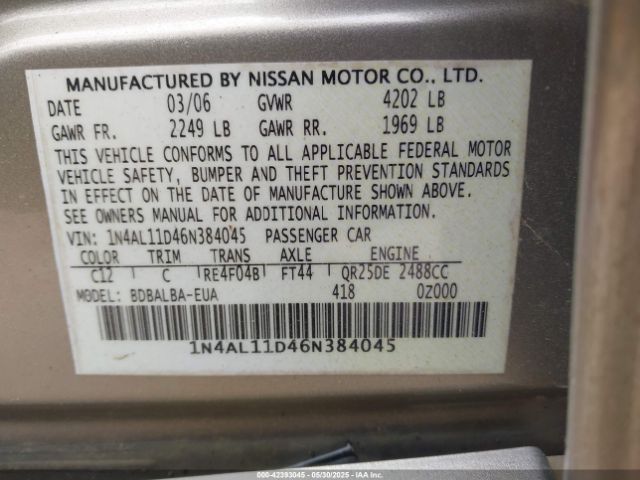 2006 NISSAN ALTIMA 1N4AL11D46N384045 Photo 8