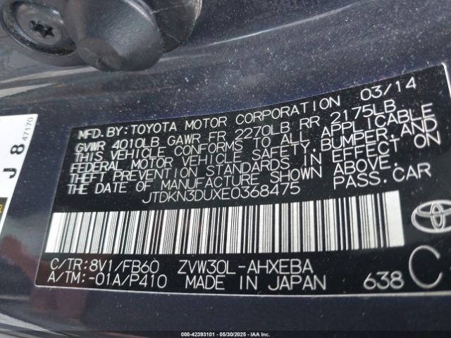 JTDKN3DUXE0368475 Toyota Prius
