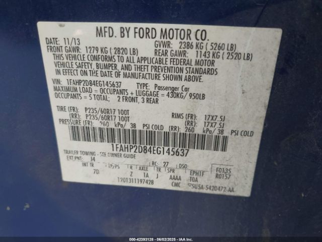1FAHP2D84EG145637 Ford TAURUS SE
