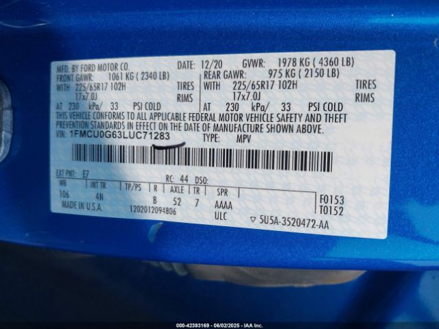 2020 FORD ESCAPE 1FMCU0G63LUC71283 Photo 8