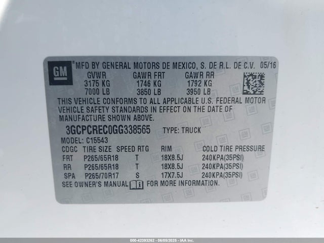 3GCPCREC0GG338565 Chevrolet l83 - sidi, vvt, afm, e85 max, aluminum