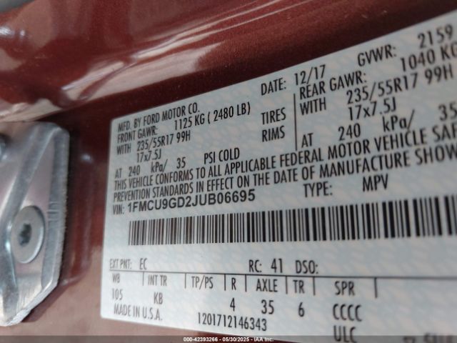 1FMCU9GD2JUB06695 Ford ESCAPE SE