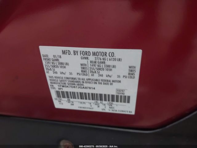 1FM5K7D87JGA87814 Ford EXPLORER XLT