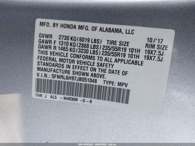 5FNRL6H97JB051048 Honda Odyssey Elite