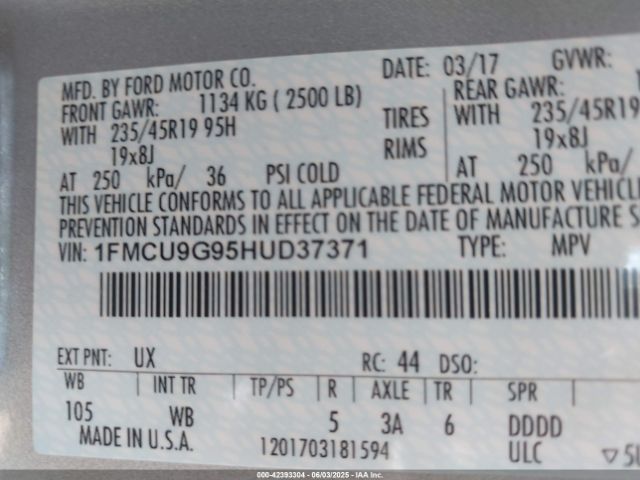 1FMCU9G95HUD37371 Ford ESCAPE SE