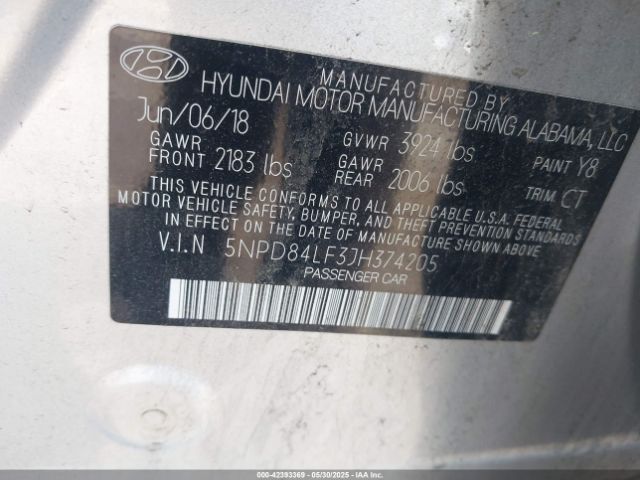 5NPD84LF3JH374205 Hyundai ELANTRA SEL