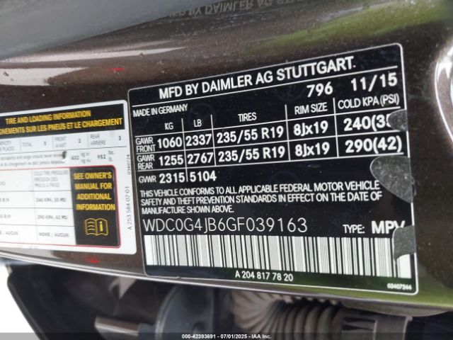 WDC0G4JB6GF039163 Mercedes-Benz m274