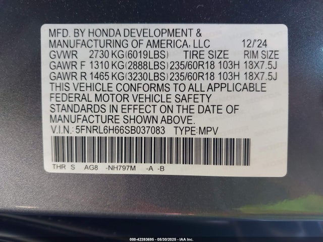 Honda j35y7 2025 5FNRL6H66SB037083 Image 9