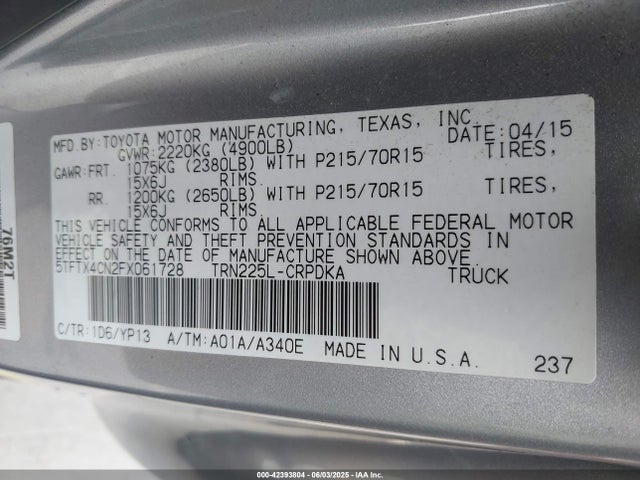 Toyota 2tr-fe 2015 5TFTX4CN2FX061728 Image 9