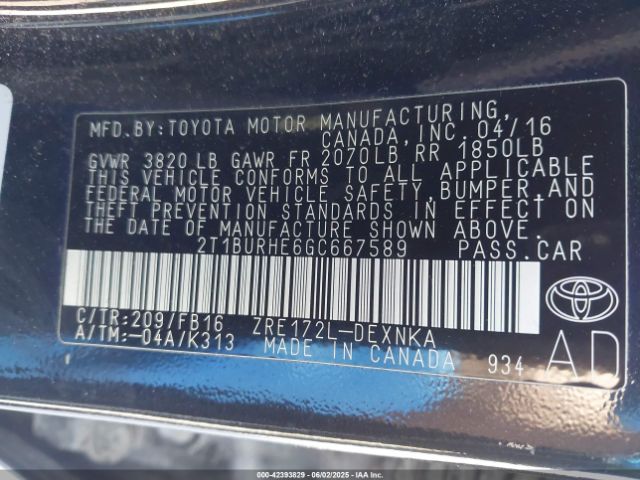 2T1BURHE6GC667589 Toyota 2zr-fe