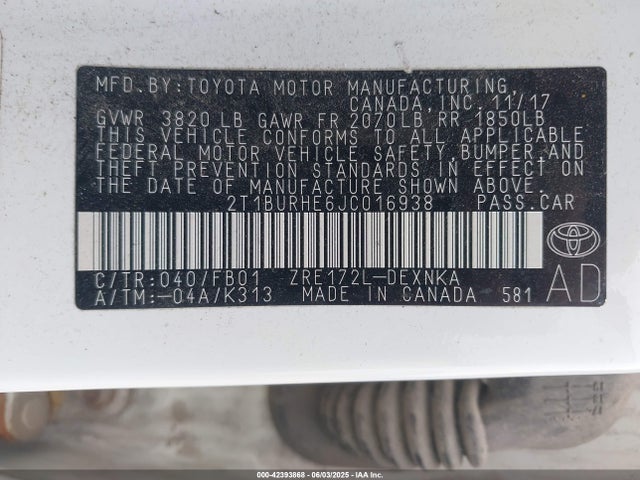 Продажа на аукционе авто 2018 Toyota Corolla Le, vin: 2T1BURHE6JC016938, номер лота: 42393868