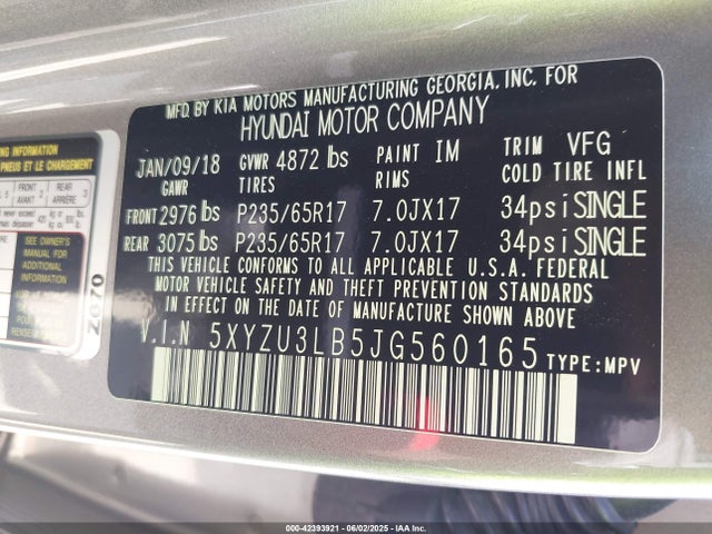 5XYZU3LB5JG560165 Hyundai gdi theta ii