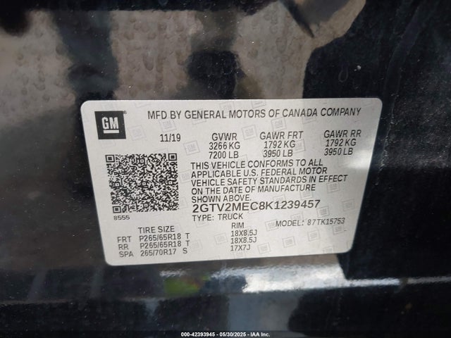 Aukcja sprzedaży 2019 Gmc Sierra 1500 Limited Sle, vin: 2GTV2MEC8K1239457, numer aukcji: 42393945