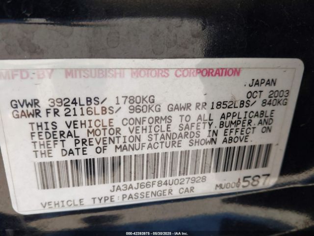 2004 MITSUBISHI LANCER JA3AJ66F84U027928 Photo 8