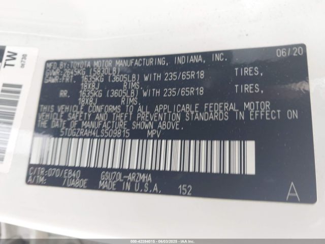 5TDGZRAH4LS509815 Toyota Highlander Xle