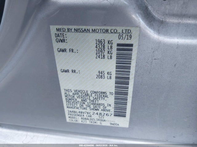 Nissan Altima 2.5 S 2019 1N4BL4BV7KC248267 Image 9