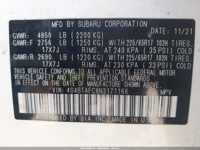 2022 SUBARU OUTBACK 4S4BTAFC8N3171166 Photo 8