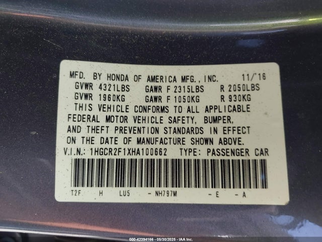 1HGCR2F1XHA100662 Honda k24w1