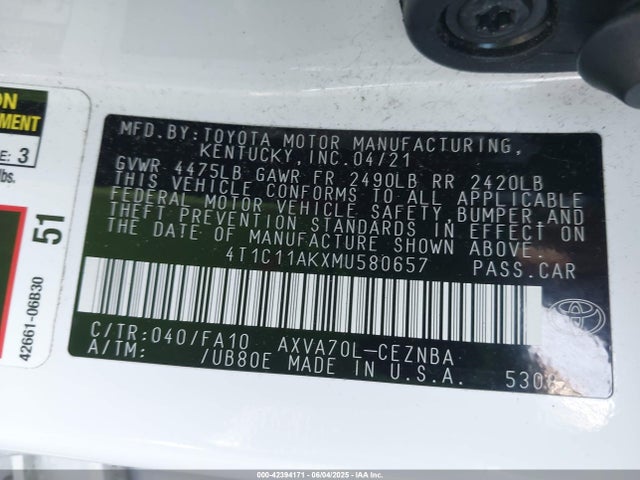 4T1C11AKXMU580657 Toyota a25a-fks