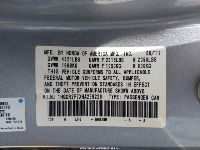 1HGCR2F7XHA259220 Honda k24w1