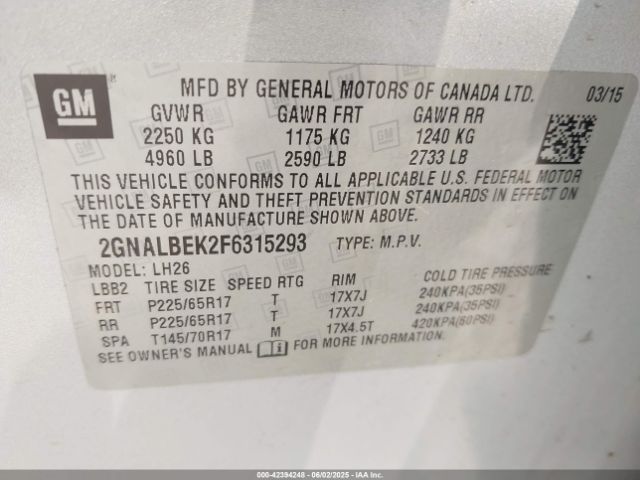 2GNALBEK2F6315293 Chevrolet lea - flex fuel (gas/alc), aluminum, ho,