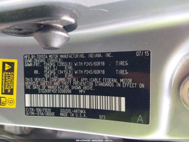 5TDZKRFH5FS098998 Toyota 2gr-fe