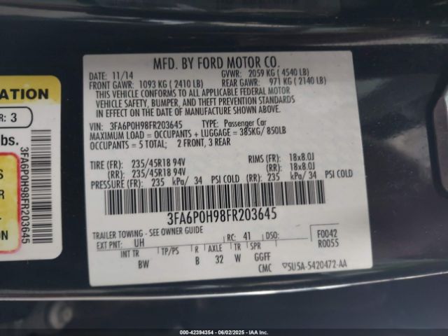 3FA6P0H98FR203645 Ford FUSION SE