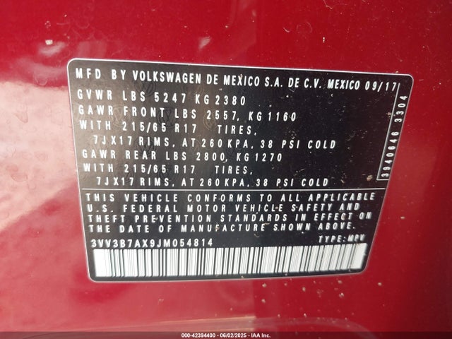 3VV3B7AX9JM054814 Volkswagen 2018