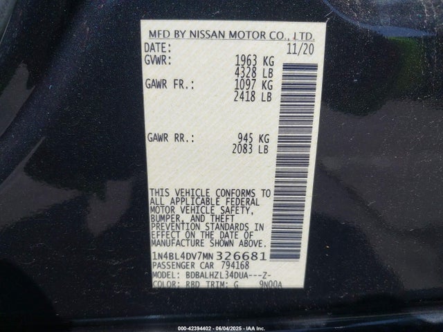 Nissan 2021 2021 1N4BL4DV7MN326681 Image 9