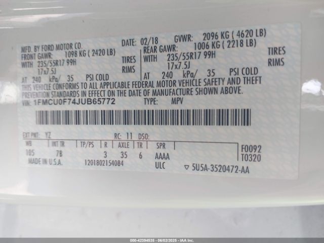 1FMCU0F74JUB65772 Ford ESCAPE S