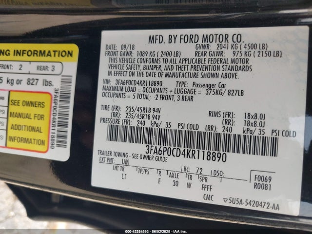 Ford FUSION SEL 2019 3FA6P0CD4KR118890 Image 9