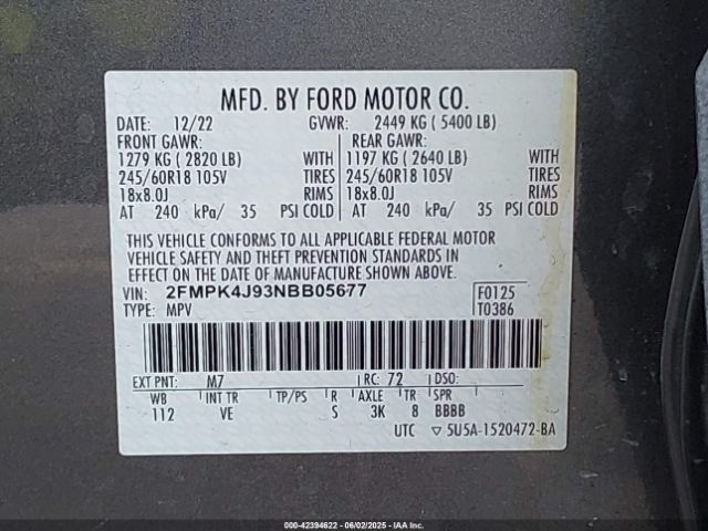 2FMPK4J93NBB05677 Ford EDGE SEL