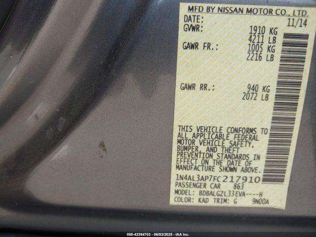 Nissan Altima 2.5 S 2015 1N4AL3AP7FC217910 Image 9