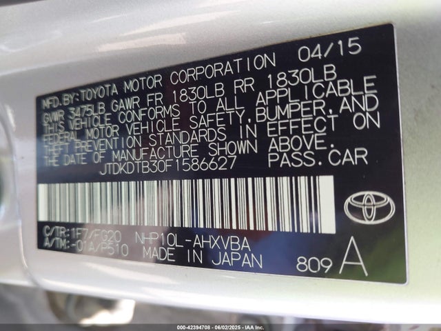 JTDKDTB30F1586627 Toyota 1nz-fxe+1lm