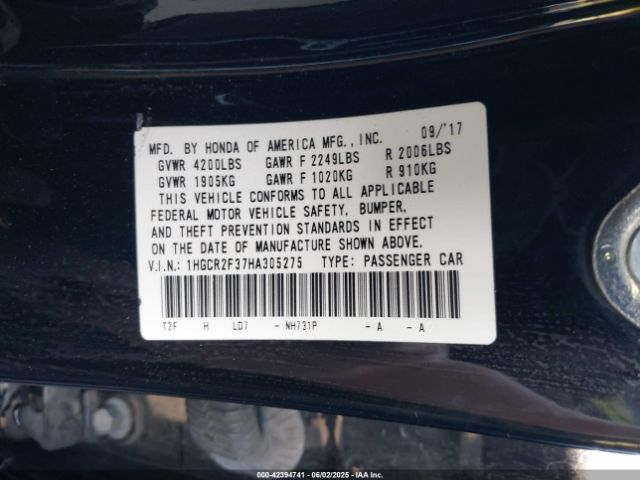 1HGCR2F37HA305275 Honda k24w1