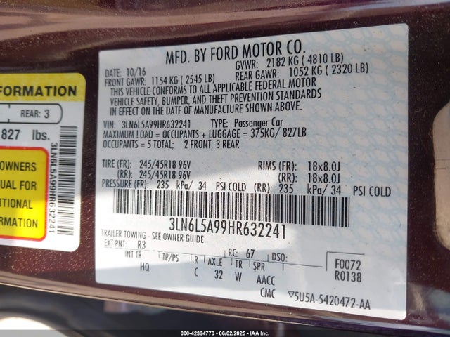 3LN6L5A99HR632241 Lincoln 2.0l gtdi high w/premium fuel