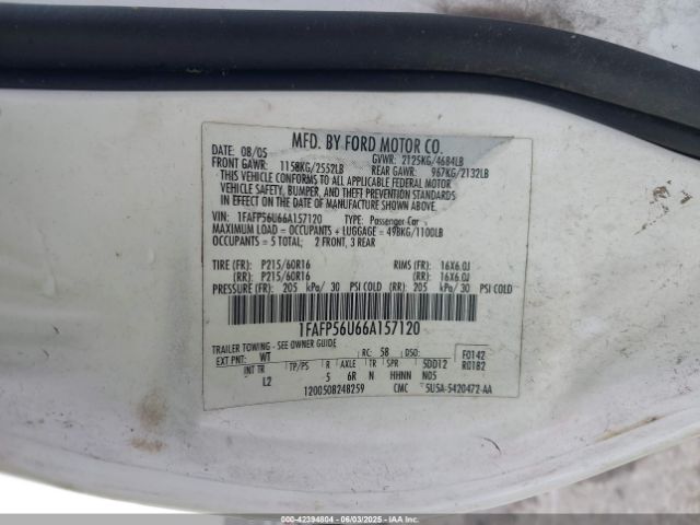 2006 FORD TAURUS 1FAFP56U66A157120 Photo 8