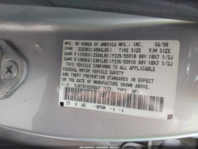 2008 ACURA RDX 5J8TB182X8A017673 Photo 8