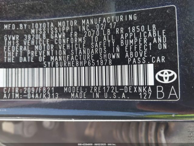 2017 TOYOTA COROLLA 5YFBURHE8HP651878 Photo 8