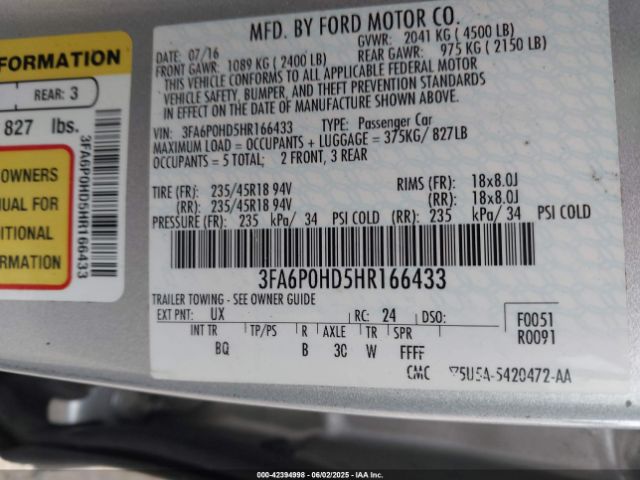 3FA6P0HD5HR166433 Ford FUSION SE