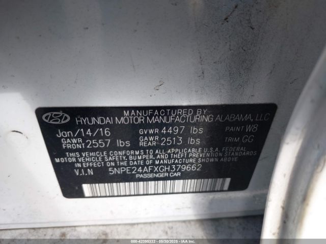 5NPE24AFXGH379662 Hyundai SONATA SE