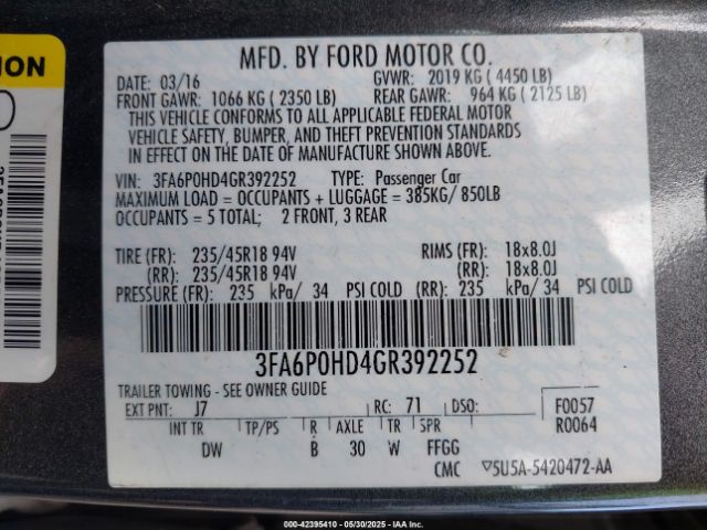 3FA6P0HD4GR392252 Ford FUSION SE