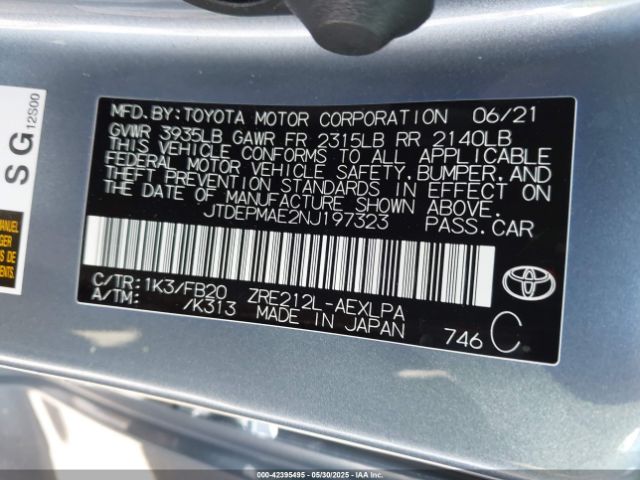 JTDEPMAE2NJ197323 Toyota COROLLA LE